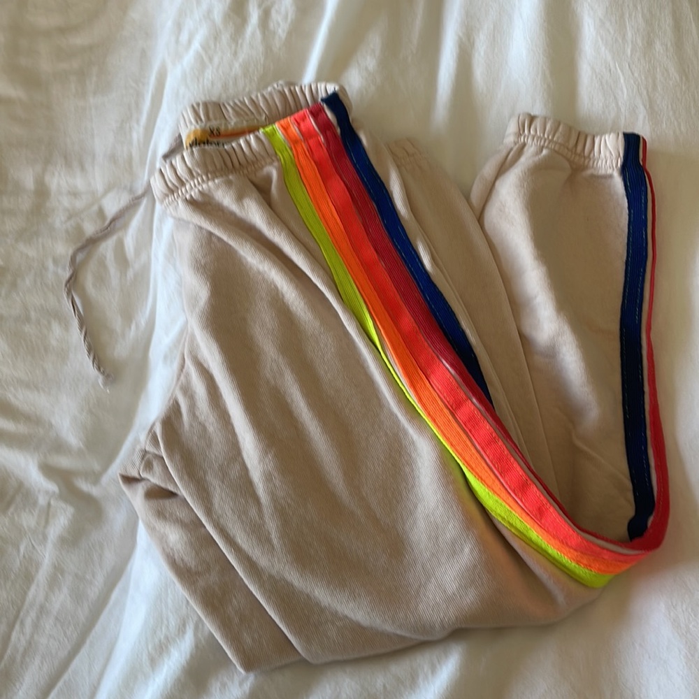 Aviator Nation Cream Sweatpants with Neon Rainbow Stripe